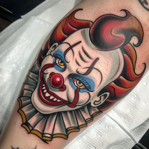 Neo-traditional clown tattoo with rich colors and bold outlines on white background