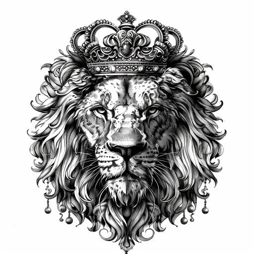 Realistic lion's head with a baroque crown, rich in detail, ideal for a tattoo showcased on a white background