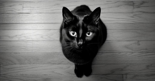 Black cat on floor in office, Cicely Barker, Robert Mapplethorpe style
