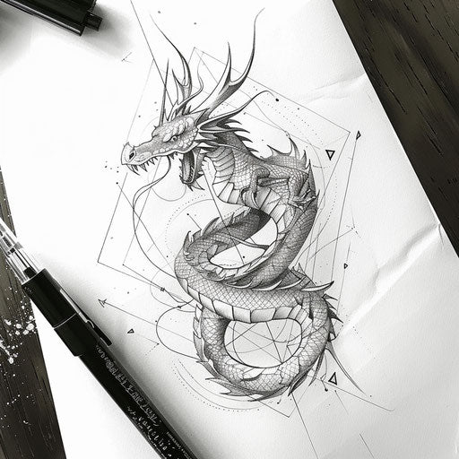 Mythological geometric tattoo design with dragon