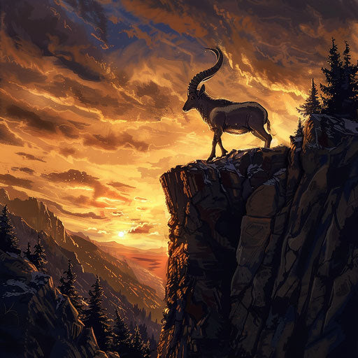 Ibex standing majestically on a rocky cliff at sunset