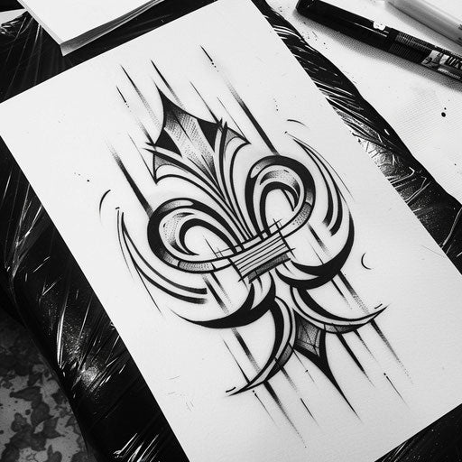 Bold and graphic tattoo sketch of a fleur de lis in a tribal style with sharp black outlines