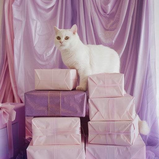 A white cat behind pink and purple gifts