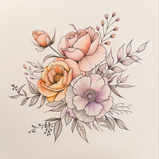 Elegant flat sketch of a birth flower bouquet with roses and peonies in soft pastels