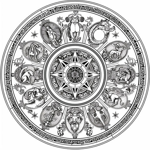 Circle with detailed zodiac symbols. Coloring book page