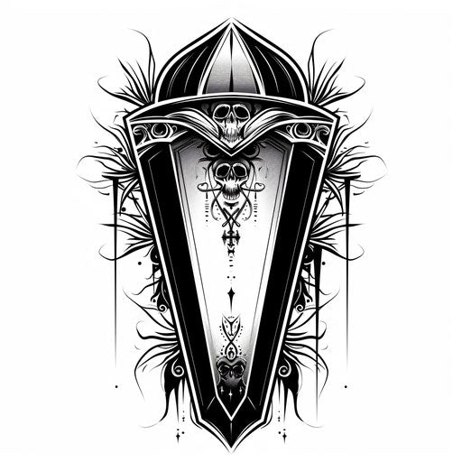 Bold flat tattoo sketch of coffin with Gothic motifs
