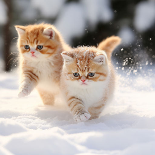 Exotic Shorthair cat kittens playing in the snow