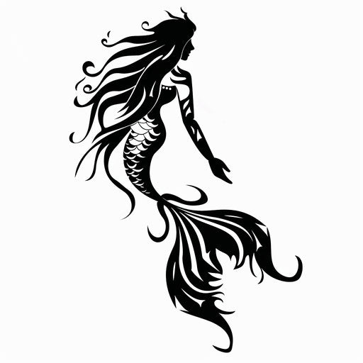 Bold black tribal patterns forming tribal style mermaid tattoo