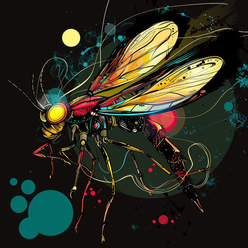 Whimsical sketch of a firefly with doodle-like lines and bright pops of color in clipart style