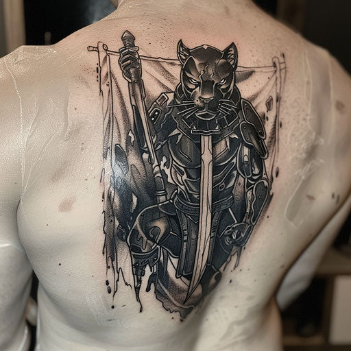 Fierce warrior black panther tattoo on battle-worn white flag