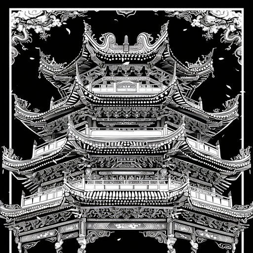 Black and white drawing of a stylized chinapunk temple