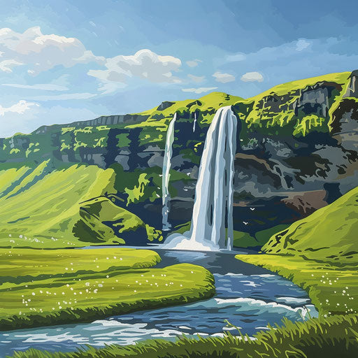 Waterfall in Iceland, minimalist modern art style