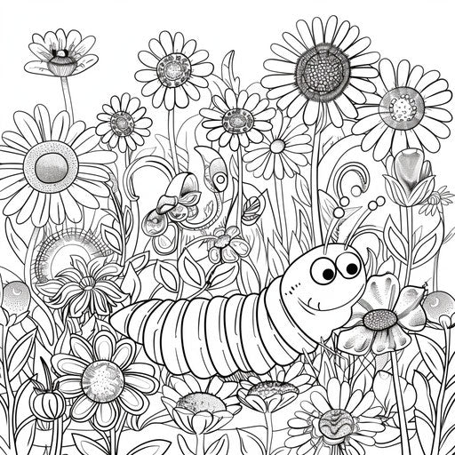 Cheerful caterpillar in a garden of flowers. Coloring page