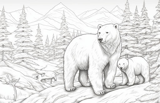 Polar bear coloring page for kids, cottagepunk style, captivating snow scenes