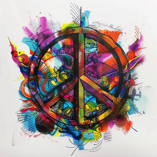 Eclectic blend of peace symbol and abstract art elements in vivid colors