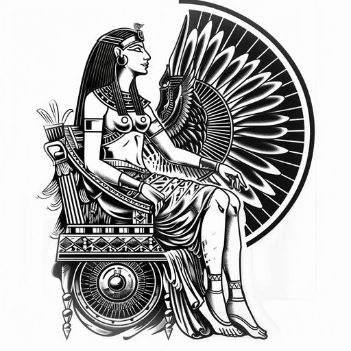Elegant black lines on white Cleopatra chariot tattoo stencil
