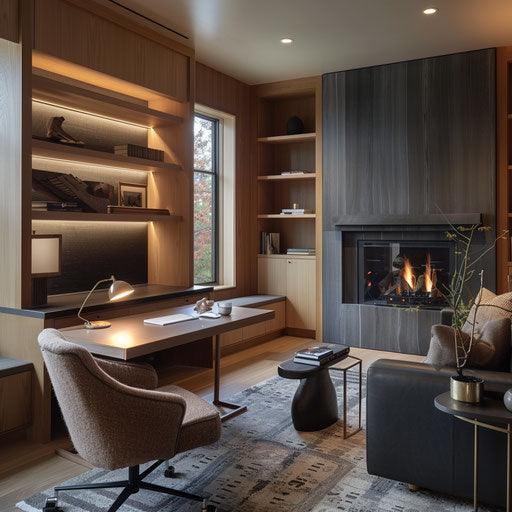 Home office with fireplace and lounge area