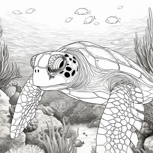 Coloring page of a sea turtle swimming in the ocean