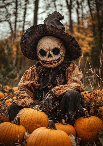 Scarecrow in pumpkin patch, hyper-realistic photography style