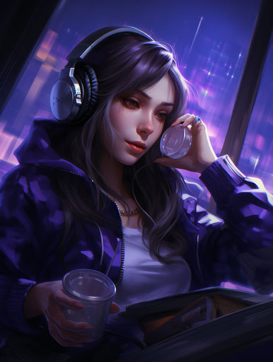 Anime girl with headphones, drinking, dark purple dark gray style, realistic, snapshot aesthetic, glossy, realistic figures 3:4