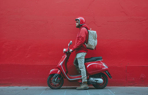 Delivery driver on scooter, light red style, internet, smile, silver, drugcore