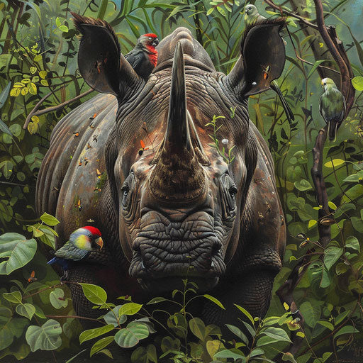West African Black Rhinoceros with Birds in Verdant Forest
