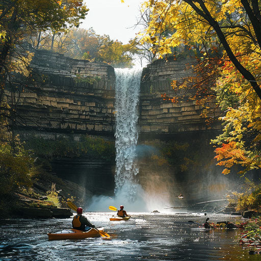 Minnehaha Falls, Minnesota, with kayakers on the river