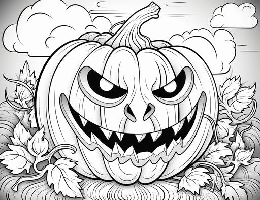 Coloring page of a Halloween Jack o lantern pumpkin cartoon, cute