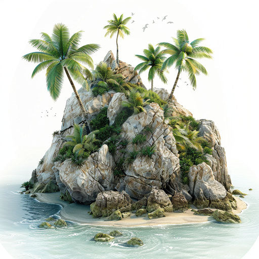Photorealistic island illustration on white background, intricate details and shadows