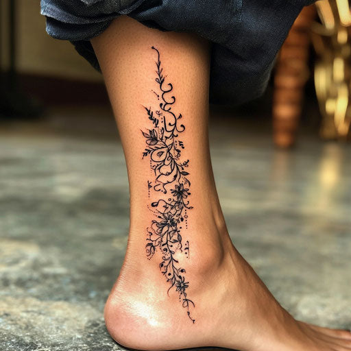 Arabic tattoo with calligraphy and floral pattern on ankle