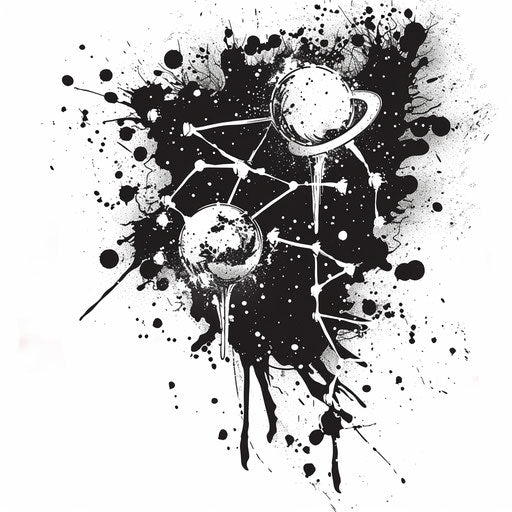 Bold flat tattoo sketch of the Gemini constellation with splatter paint and graffiti influences