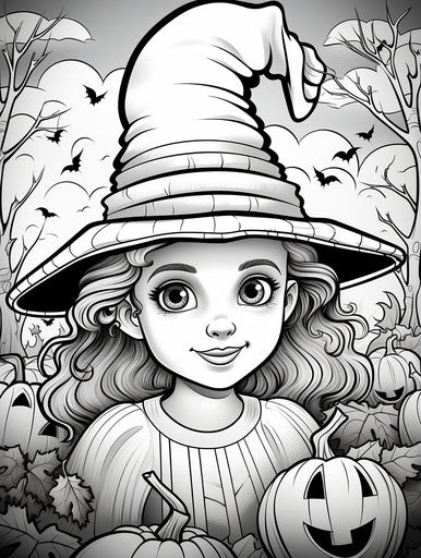 Coloring page of a pumpkin witch with a hat