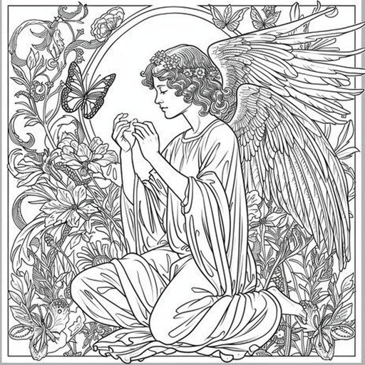 An angel surrounded by light and butterflies
