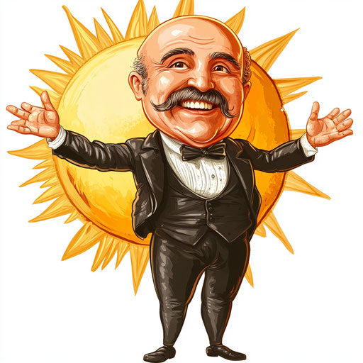 Humorous caricature of an Ignaz Semmelweis clipart with human characteristics, exaggerated smiling mouth, big hands, next to a smiling sun, vibrant colors, cartoon style, smiling, high-resolution, no background, isolated -c 40