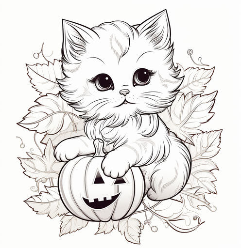 Cute kitten in a pumpkin with leaves coloring page for kids and adults, pastel gothic style realistic 27:28