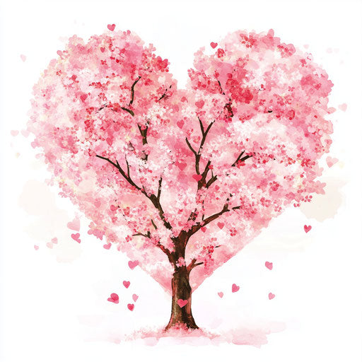 Cherry blossom heart tree, pink flowers, white background