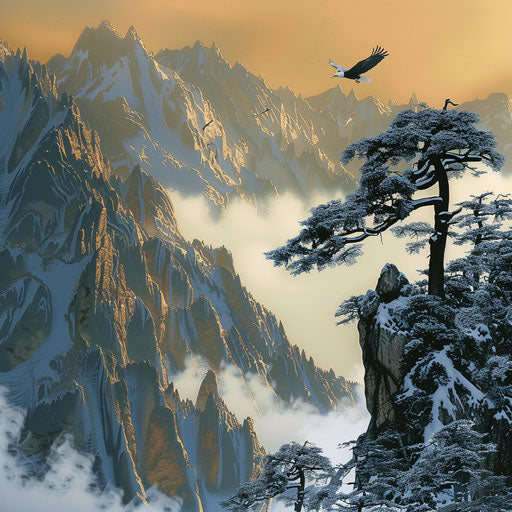 The Japanese Alps with an eagle soaring above