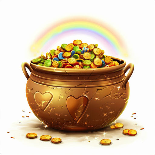 Realistic depiction of a pot of gold on flat white background