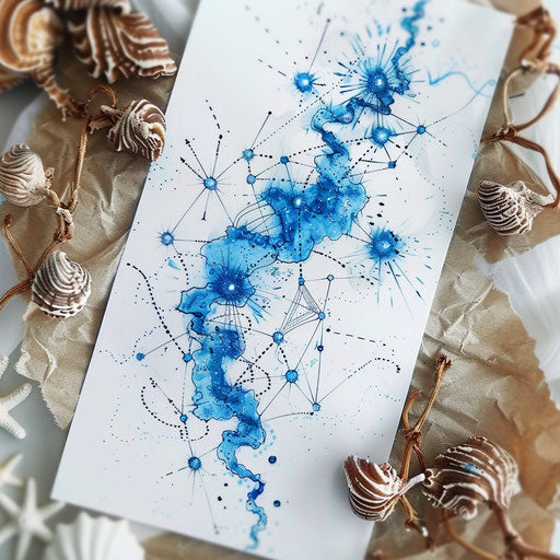 Oceanic flat tattoo sketch of the Gemini constellation with blue watercolor effects and sea creature adornments