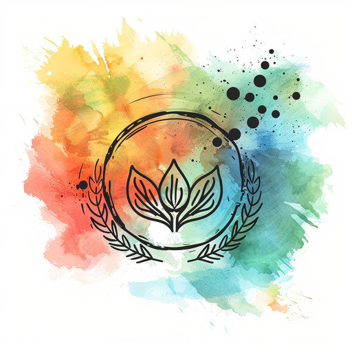 Brand logo design with hand-drawn elements and a colorful palette, against a watercolor background