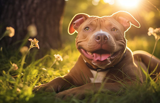 Joyful and optimistic mixed breed pitbull, light brown and crimson