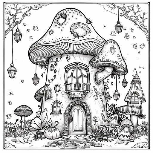 Fantastical mushroom house with whimsical designs and fairy lights