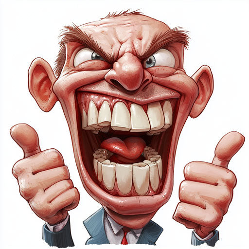 Humorous caricature of a powerful clipart with human characteristics, exaggerated smile, fingers, festive scene, vibrant colors, cartoon style, thumbs down, high resolution, no background, isolated