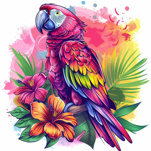 Pink parrot on tropical branch in lively flat tattoo style
