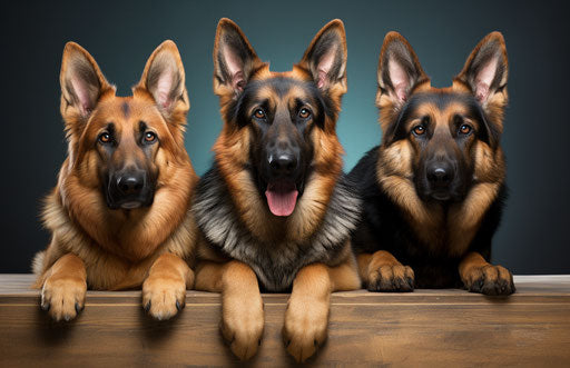Group of three German shepherds lying down in front of a white background