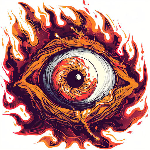 Dynamic sketch of an eye surrounded by red and orange flames