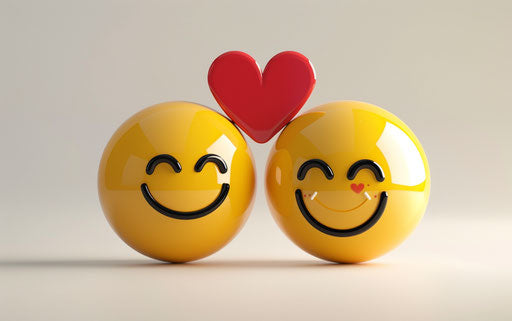 Two yellow smiley faces with a red heart, Pixar style