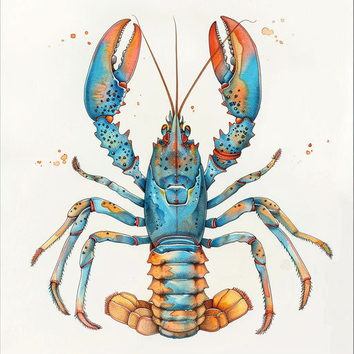 Artistic sketch of a watercolor lobster, soft blues and oranges
