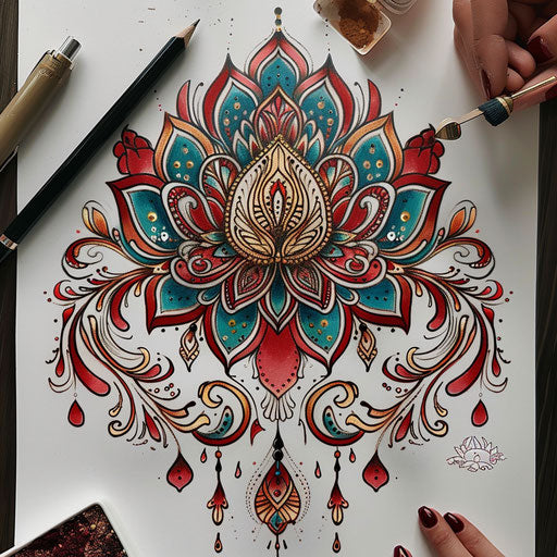 Neo-traditional tattoo sketch of summer henna designs