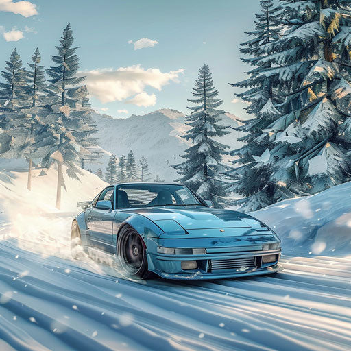 Sports coupe drifting on snowy mountain pass